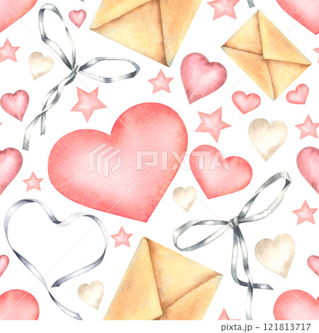 Watercolor seamless pattern with envelopes, hearts, stars and bows in pastel colors on white background. Hand drawn illustration for Valentine's Day textile or packaging design, childish wallpaper. 121813717
