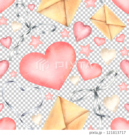 Watercolor seamless pattern with envelopes, hearts, stars and bows in pastel colors on white background. Hand drawn illustration for Valentine's Day textile or packaging design, childish wallpaper. 121813717