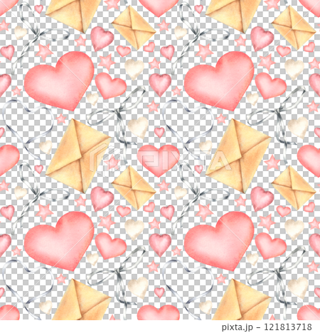 Watercolor seamless pattern with envelopes, hearts, stars and bows in pastel colors on white background. Hand drawn illustration for Valentine's Day textile or packaging design, childish wallpaper. 121813718