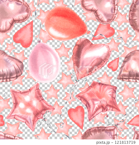 Valentine's hand drawn seamless pattern with balloons in various shapes stars, spheres, hearts. Watercolor illustration of decorative elements on white isolated background. For birthdays, anniversary. Valentine's hand drawn seamless pattern with balloons in various shapes stars, spheres, hearts. Watercolor illustration of decorative elements on white isolated background. For birthdays, anniversary. 121813719