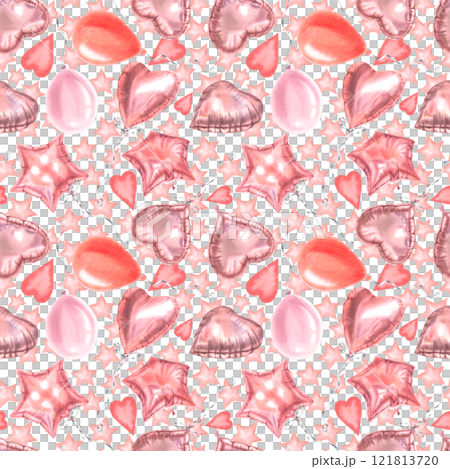 Valentine's hand drawn seamless pattern with balloons in various shapes stars, spheres, hearts. Watercolor illustration of decorative elements on white isolated background. For birthdays, anniversary. 121813720