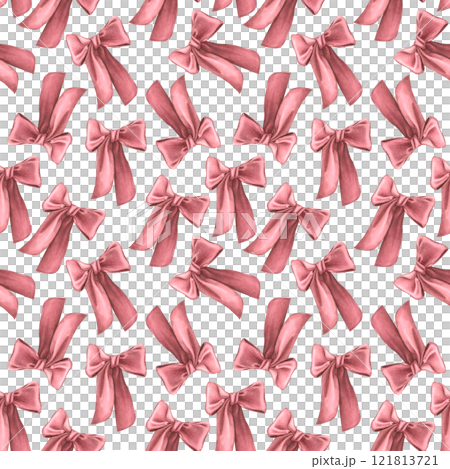 Seamless pattern with coquette ribbon bow in dark red color. Hand painting watercolor illustration of accessory isolated on white background. For wrapping paper, packaging, wallpaper, phone case. 121813721