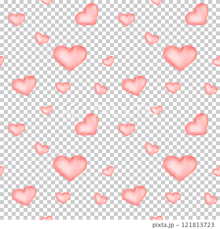 Seamless watercolor pattern with small red hand drawn hearts tossed on white isolated background. Simple cute Valentines day illustration. For wrapping paper, packaging, wallpaper, phone case. 121813723