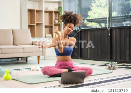 healthy woman workout at home, exercise, fit, doing yoga, home fitness concept. 121813759
