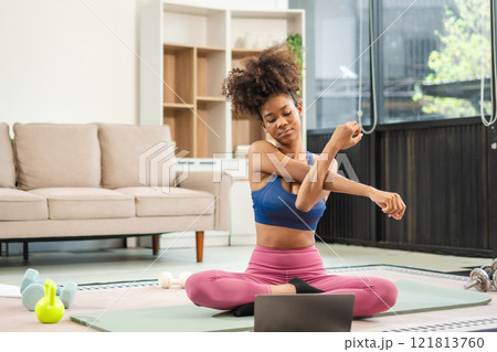 healthy woman workout at home, exercise, fit, doing yoga, home fitness concept. healthy woman workout at home, exercise, fit, doing yoga, home fitness concept. 121813760