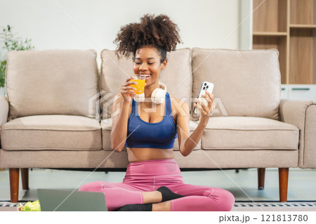 healthy woman workout at home, exercise, fit, doing yoga, home fitness concept. 121813780
