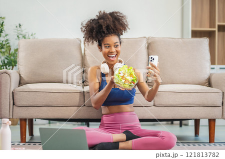 healthy woman workout at home, exercise, fit, doing yoga, home fitness concept. 121813782