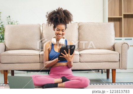 healthy woman workout at home, exercise, fit, doing yoga, home fitness concept. healthy woman workout at home, exercise, fit, doing yoga, home fitness concept. 121813783