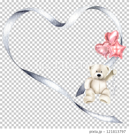 Heart shape ribbon frame with teddy bear holding pink balloons. Hand drawn watercolor illustration of template with space for text on isolated background. For birthday party or Baby shower invitations 121813797
