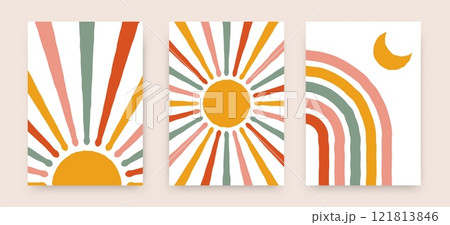 Abstract sun rainbow posters. Boho childish backgrounds, contemporary covers. Geometric vector wall decor 121813846