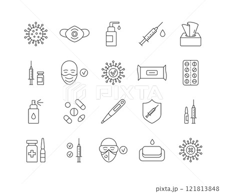 Medical line icons. Coronavirus treatment vaccine outline set, clinic stage trial concept. Vector illustration 121813848