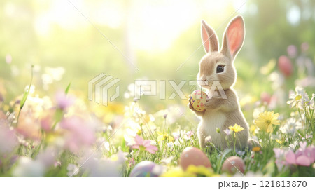 春の花の中で遊ぶうさぎとイースターエッグ　AI画像 121813870