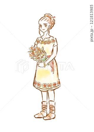 縄文時代　女性　花　縄文暮らし　縄文　少女　全身 121813985