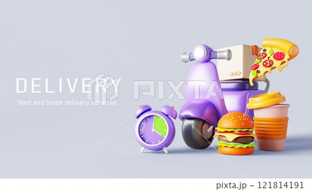 Food delivery 3d banner. Online service for order from restaurant with fast shipping. Scooter delivers box with pizza, burger and drink. Render motorcycle with countdown clock time. 3D illustration Food delivery 3d banner. Online service for order from restaurant with fast shipping. Scooter delivers box with pizza, burger and drink. Render motorcycle with countdown clock time. 3D illustration 121814191