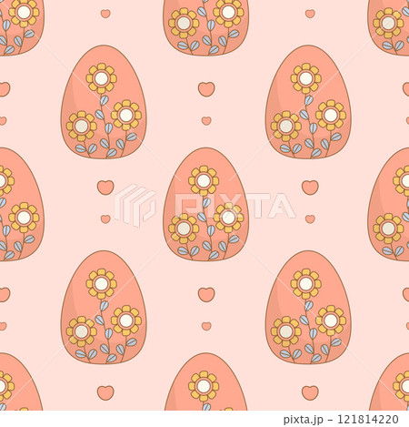 Easter Seamless pattern with paschal egg with decorative flowers on pink background with hearts. Holiday Vector illustration 121814220