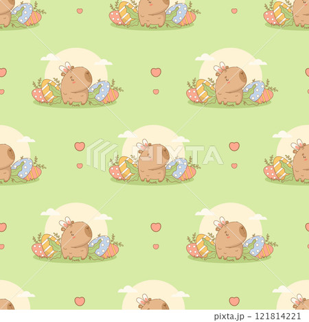 Easter Seamless pattern. Cute Capybara with paschal Eggs on green background. Holiday cartoon kawaii character animal backdrop. Vector illustration. Kids collection 121814221