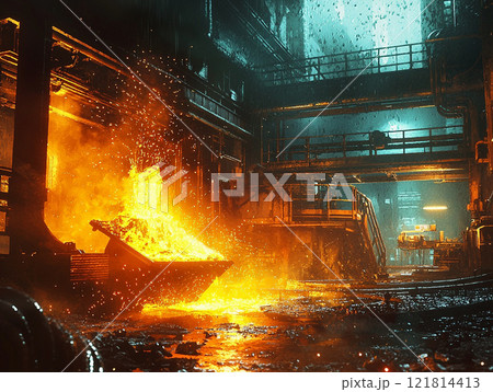 溶鉱炉の炎と工場内部 121814413