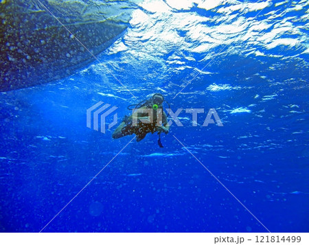 Scuba diver underwater with bubbles and sunlight reflections 121814499