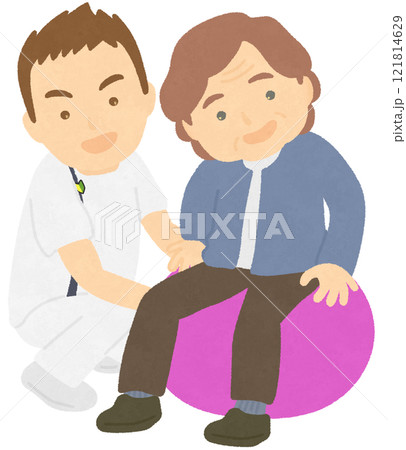 バランスボールでリハビリする人と理学療法士 121814629