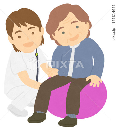 バランスボールでリハビリする人と理学療法士 121814631