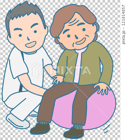 一個人用平衡球和物理治療師進行復健治療 121814857