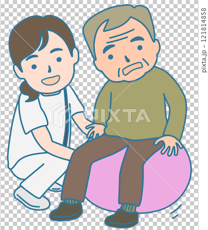 一個人用平衡球和物理治療師進行復健治療 一個人用平衡球和物理治療師進行復健治療 121814858