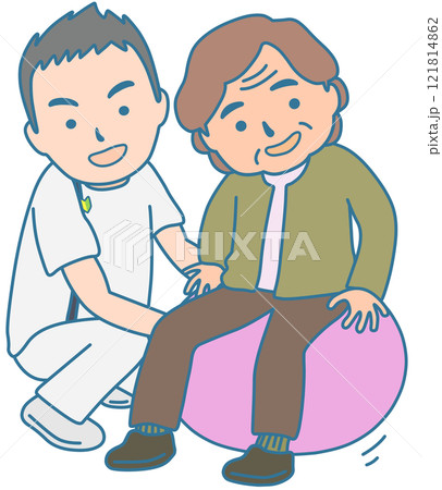 バランスボールでリハビリする人と理学療法士 121814862