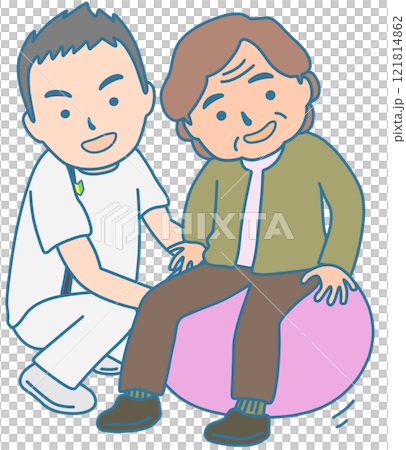 バランスボールでリハビリする人と理学療法士 121814862