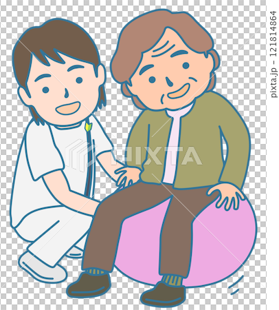 A person undergoing rehabilitation using a balance ball and a physical therapist 121814864