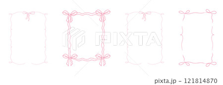 Romantic coquette ribbon frame, wedding ornate curly border collection. Hand drawn doodle sketch girly retro decorations. 121814870