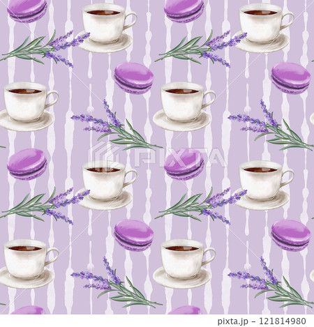 Seamless pattern with cups of coffee, french macaroon cakes and lavender flowers. 121814980