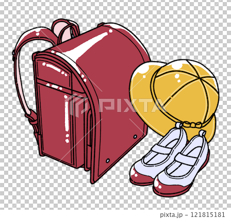 Illustration of a school bag, yellow hat and indoor shoes 121815181