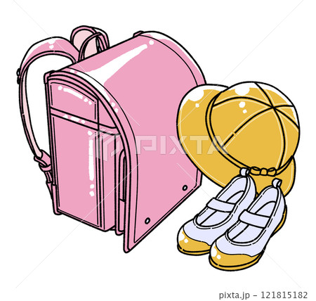 ランドセルと黄色い帽子と上靴のイラスト 121815182