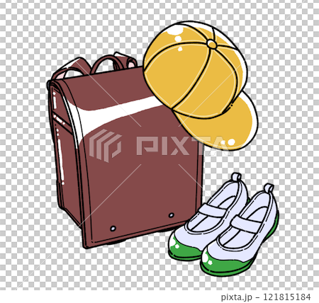 Illustration of a school bag, yellow hat and indoor shoes 121815184