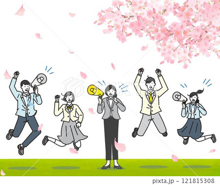 桜の木下でメガホンを持ってジャンプする先生と男女の学生-受験生応援ー人物ベクターイラスト素材 桜の木下でメガホンを持ってジャンプする先生と男女の学生-受験生応援ー人物ベクターイラスト素材 121815308