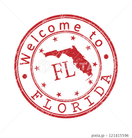 Welcome to Florida. A worn stamp with a silhouette of the state and an abbreviated designation. Print impression, a template for creative design 121815596