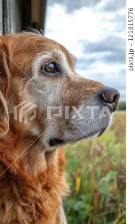 An elderly dog resting on a porch, overlooking a peaceful countryside 121815776