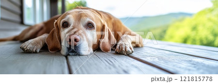 An elderly dog resting on a porch, overlooking a peaceful countryside 121815778