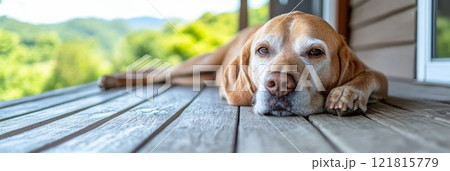 An elderly dog resting on a porch, overlooking a peaceful countryside 121815779