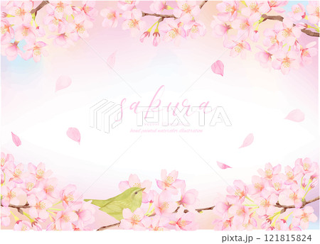 鶯と桜の花のかわいい背景イラスト素材 鶯と桜の花のかわいい背景イラスト素材 121815824