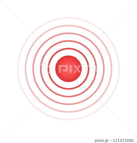 Sore, ache or inflammation symbol. Pulse, vibration or expansion sign. Shockwave, radar signal, sonar or sound wave pictogram. Pain localization icon. Red concentric circles. Vector illustration 121815880