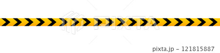 Caution barricade tape with black and yellow chevron print. Barrier in quarantine site, construction work area or crime scene. Warning, stop, closed or forbidden sign. Vector flat illustration 121815887
