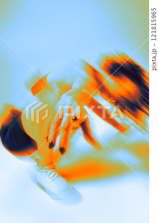 Contemporary art collage. Modern self-expression. Blurred woman posing in vibrant neon glow symbolizes fusion of movement and emotion. Contemporary art collage. Modern self-expression. Blurred woman posing in vibrant neon glow symbolizes fusion of movement and emotion. 121815965