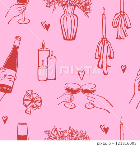 Romantic dinner with drinks, candles and flowers seamless pattern 121816005