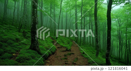 Fog and clouds on mountain. Misty landscape with fir forest. Beautiful landscape 121816041