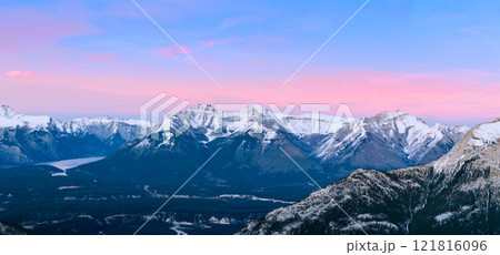 Sunset skyline of town of Banff and Bow valley, view from Gondola Sulphur Mountain at Banff National Park in Alberta, Canada. Sunset skyline of town of Banff and Bow valley, view from Gondola Sulphur Mountain at Banff National Park in Alberta, Canada. 121816096