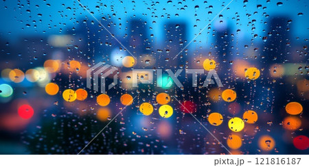 Rain-soaked window view overlooking a blurred urban landscape during foggy day 121816187