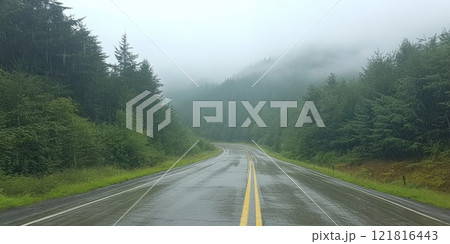 Rain drop on wet asphalt road autumn. Rainy weather 121816443