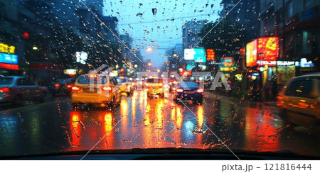 Rain drop on wet asphalt road autumn. Rainy weather 121816444