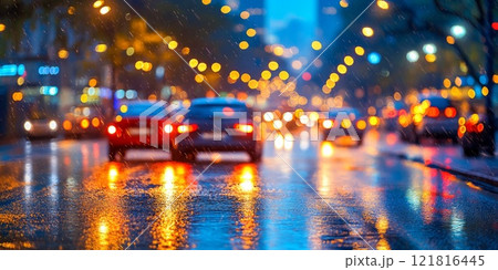 Rain drop on wet asphalt road autumn. Rainy weather 121816445